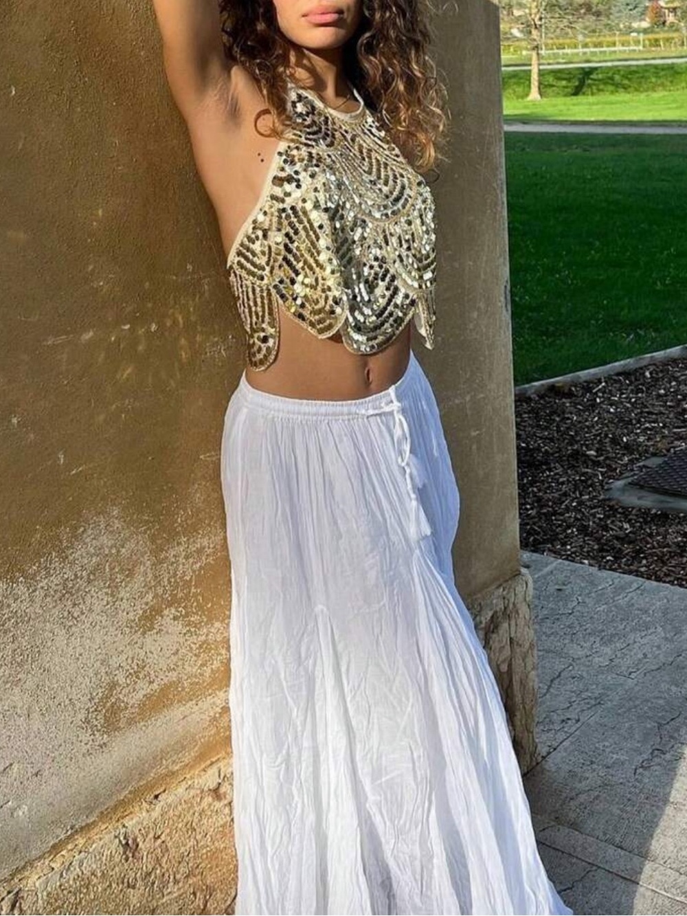 Gold Sequin Halter Crop Top - Women's Party Top - Picture 8 of 8